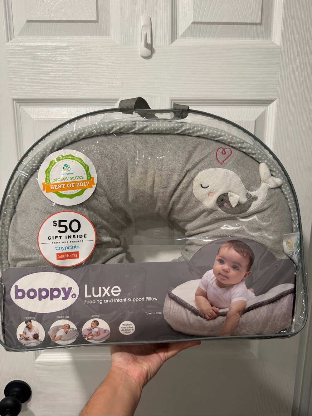 Boppy Luxe Nursing Pillow — Gray with White Whale Accent